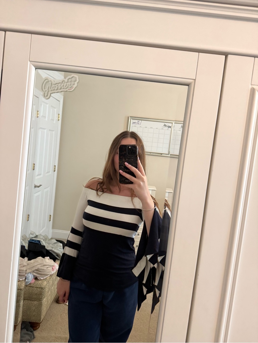 Bailey 44 Navy and White Striped Off-Shoulder Bell Sleeve Sweater